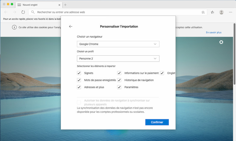 Importer données personnelles dans Edge Cjromium macOS